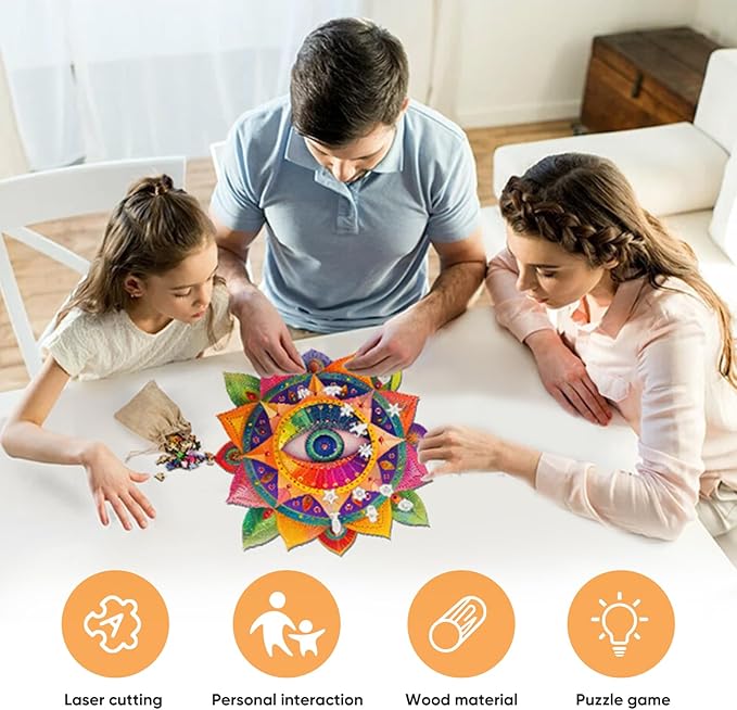 Mandala Wooden Puzzles for Adults, 500 Piece Unique Shaped Wood Evil Eye Jigsaw Puzzles for Adults and Kids, Fun Challenging Puzzles Family Game Gift, 16.5'' x 16.4''