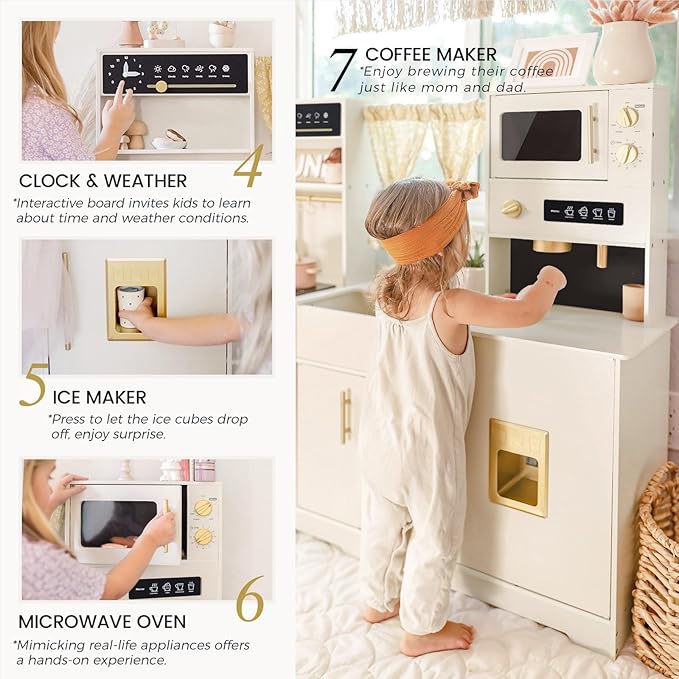 Tiny Land Play Kitchen for Kids, Toy Kitchen Set with Plenty of Play Features, New Modern Kids Wooden Play Kitchen Designed in Trendy Home Style with Curtains, Gift for Ages 3+