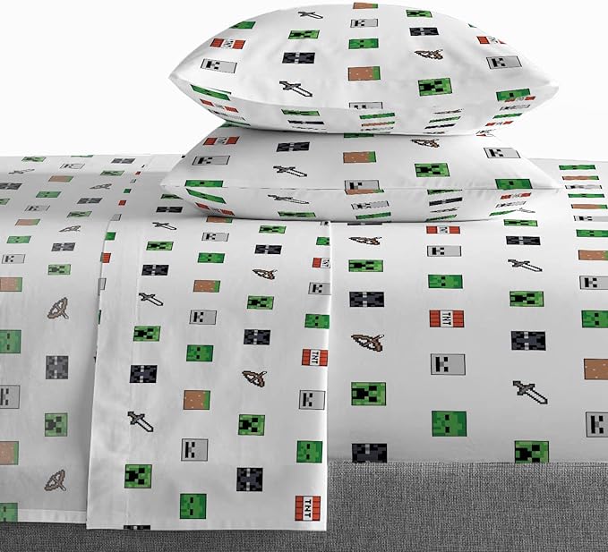 Saturday Park Minecraft Emblematic Queen Sheet Set - 4 Piece 100% Organic Cotton Sheets Features Creeper, Alex & Steve - GOTS & Oeko-TEX Certified (Minecraft Official)
