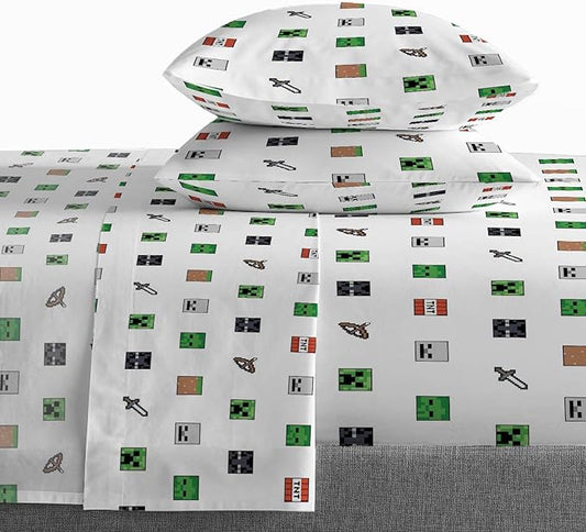Saturday Park Minecraft Emblematic Queen Sheet Set - 4 Piece 100% Organic Cotton Sheets Features Creeper, Alex & Steve - GOTS & Oeko-TEX Certified (Minecraft Official)