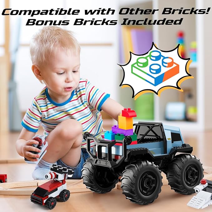 DEERC Amphibious Remote Control Car Monster Truck Toys Waterproof RC Stunt Cars for Boys 8-12 Toys W/Blocks & 360°Spin, 4WD All-Terrain Off-Road Pickup RC Truck 2.4Ghz 60+ Min Playtime Pool Toy Gift