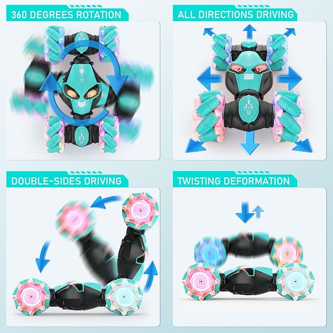 Gesture RC Cars, Hand Controlled Stunt Car for 6-12 yr Boys Girls, 2.4GHz Gesture Sensor Remote Control Cars, 4WD RC Twist Car with Light Music for Kids Birthday Xmas Gift Blue