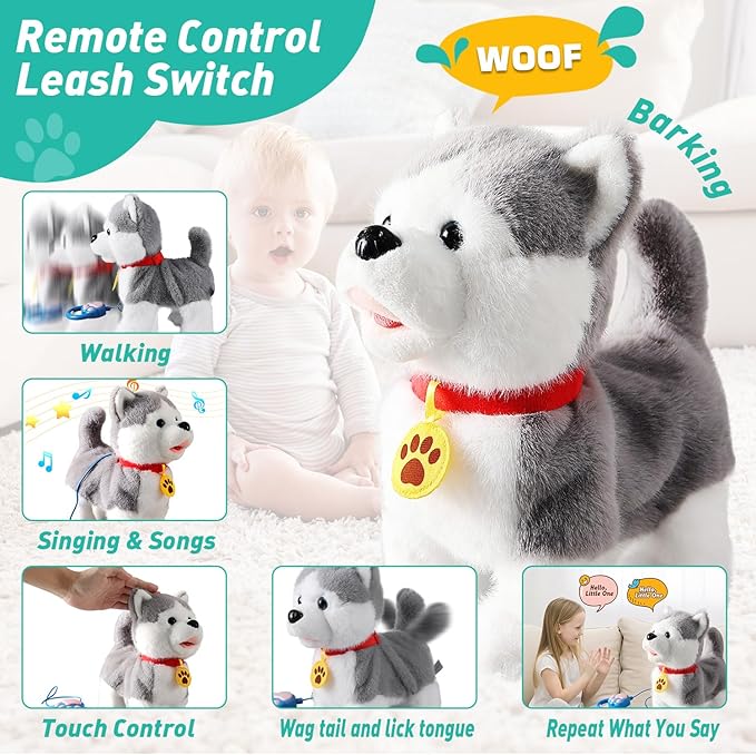 Husky Walking Barking Dog for Kids Interactive Musical Puppy Robot Repeats What You Say, Realistic Licking Tongue Wagging Tail Remote Control Toddler Toys for Girls and Boys Birthday Gifts