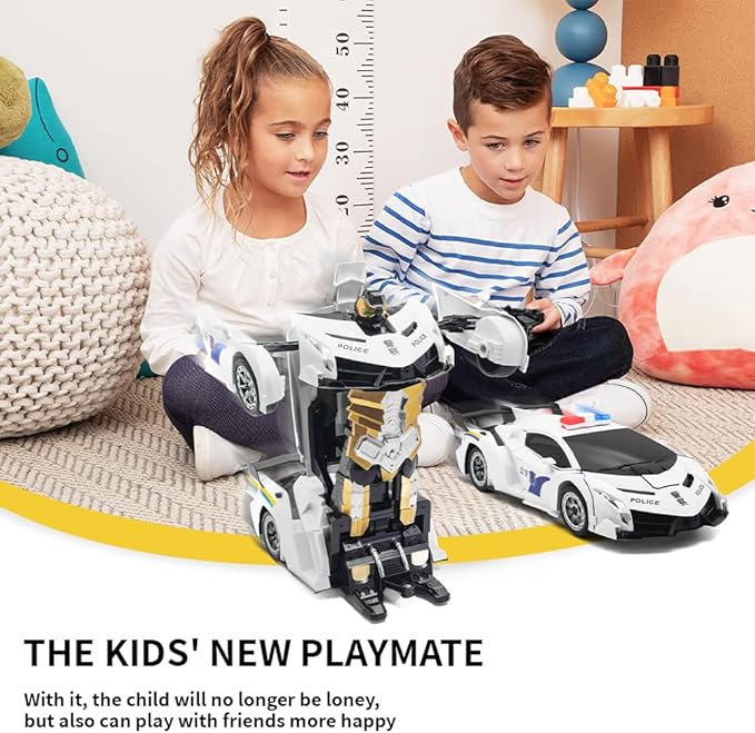 Transform Remote Control Car, 1:12 Scale Police Car Toy, One Button Deformation & Gesture Sensing Robot Car, Transforming Toys with Light Music 360° Drift, RC Cars for Boys Age 8-12