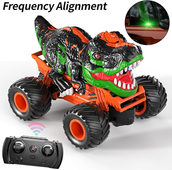TEMI Remote Control T-rex Truck for Kids 3-5 Years, 1:24 Scale Monster Truck with Roar, Light and Mist Spray, High Speed Off Road Dinosaur Truck with Rechargeable Battery, Gift for Boys 3+