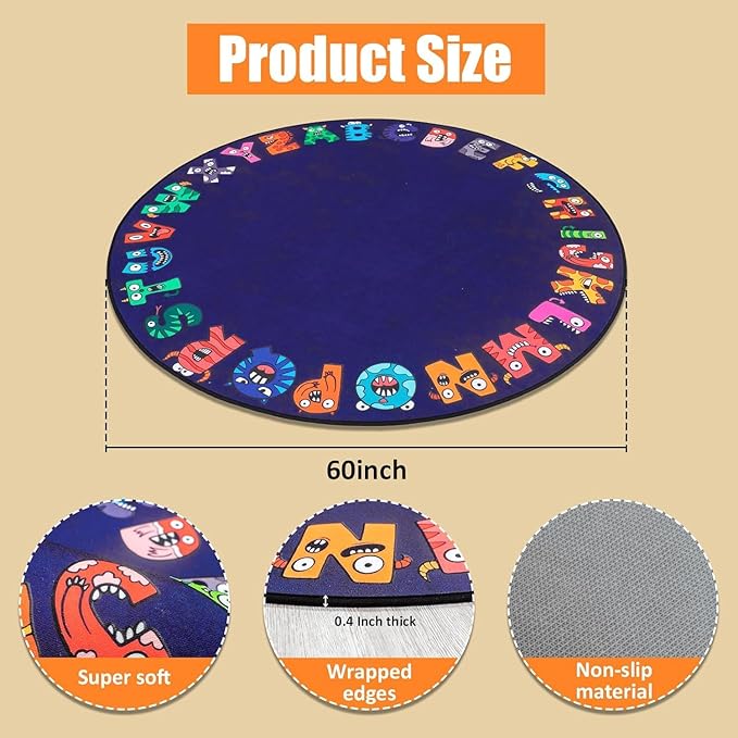 ABC Alphabet Rug for Kids, Classroom Playmat 6ft Non-Slip Circle Rugs for playroom, Round Area Rug for Elementary Classroom, Play Carpet for Boys Girls Bedrooms Playroom,Nursery RugsBlue