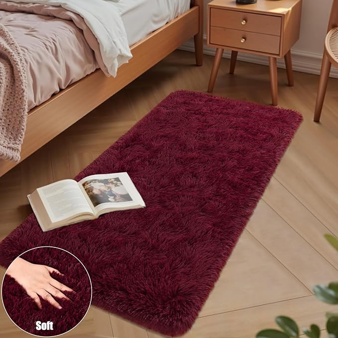 Nuttumico 2x4 Feet Soft Runner Rugs for Bedroom Living Room Plush Fluffy Rug, Burgundy Non-Slip Shag Area Rugs Carpet for Bedside Kids Girls Room Nursery Home Decor, Non Shedding