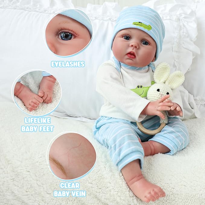 SCOM Lifelike Reborn Baby Dolls - 22 inch Realistic Baby Toddler Dolls Soft Cloth Body Vinyl Limbs, with Clothes and Doll Accessories Gifts for Kids Age 3+ (Blue&Blanket)