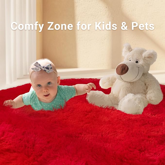 LOCHAS Luxury Round Fluffy Area Rugs for Bedroom Kids Girls Room Nursery, Super Soft Circle Rug, Cute Shaggy Carpet for Children Living Room, 5x5 Feet Red