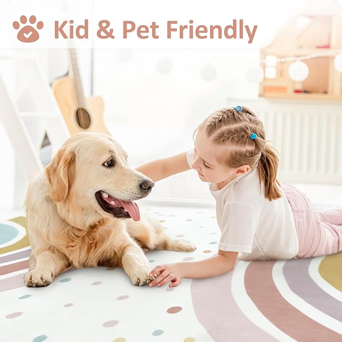 STARUIA Boho Rainbow Rug for Kids Room, 4x6 Washable Nursery Rug for Girls Bedroom Princess Castle, Soft Kids Carpet Non-Slip Area Rug for Classroom Playroom Tent