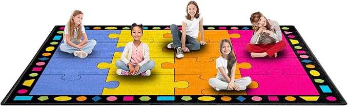 Booooom Jackson Classroom Rug Boom Puzzle Colorful Classroom Carpet 6'5"x8'5" 16 Seats for Playroom Homeschool Special Class Preschool Playroom Game Room Library Reading Circle Time Rubber