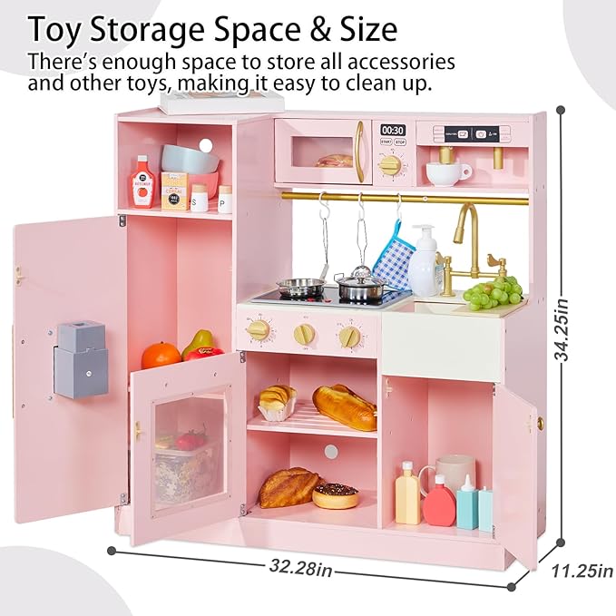 Kids Wooden Play Kitchen for Girls Pretend Toy Kitchen Playset with Real Lights and Sounds and 14 Pcs Fun Accessories, Toddler Pink Play Kitchen Set for Ages 3+