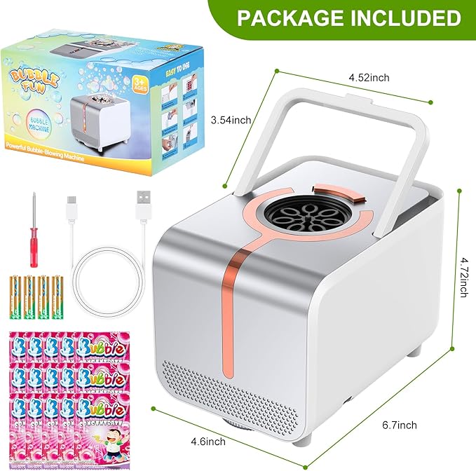 Bubble Machine - Durable Automatic Bubble Blower with LED Lights, Waterproof Motor Over 20,000 Bubbles/Minute, Perfect for Kids' Parties Indoor & Outdoor Fun - Plugin or Battery Powered - Sleek Silver