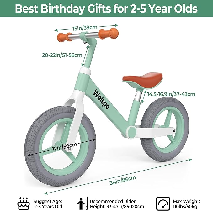 welspo 12-Inch Kids Balance Bike, No Pedal Toddler Bike for 2-5 Years Old Boys and Girls, Lightweight Nylon Frame with Adjustable Handlebar and Seat, Shock Absorption, Anti-Slip PU Airless Tires