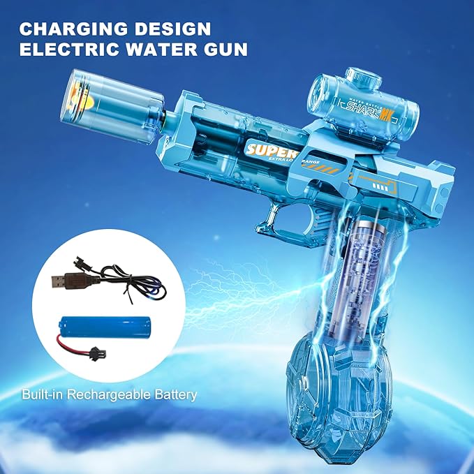 Electric Water Gun for Adults Kids, Automatic Squirt Watergun Pistol with Led Lights, Summer Outdoor Pool Beach Party Toys, Blue