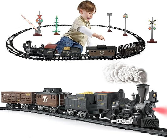 Classic Model Train Set Toy with Steam and Sound, Electric Train for Under The Trees, Cargo Car for Boys & Girls 3 4 5 6 7 Years