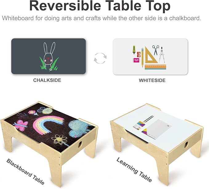 Kid's Multi-Purpose Activity Play Table with 60 Big Building Bricks and 30-Piece Wooden Train Set for Toddlers(Big-peg Baseplate Version)