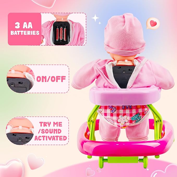 Baby Doll and Baby Walker Set, Learn to Walk Baby Dolls Soft Body Posable & Walking Dolls, Baby Doll with Wheeled Walker Cart and Accessories, Toys Gifts for Toddlers 2 3 4 5+