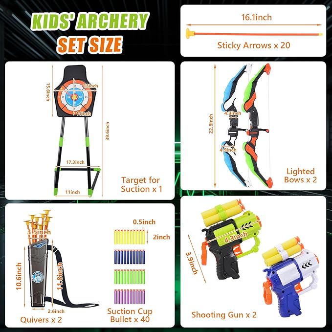 2 Pack Kids Bow And Arrow Set, with LED Light Up Archery, 20 Suction Cup Arrows, 2 Quiver, 1 Standing Target, 2 Soft Dart Guns&50 Soft Darts, Indoor Outdoor Birthday Gifts Toys for Boy Girl Ages 4-12