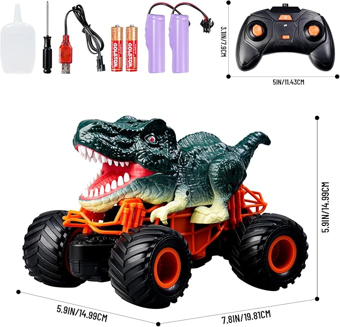 Dinosaur Monster Truck Toys - Remote Control Dinosaur Car, 2.4Ghz RC Truck with Lights, Music & Spray - Electric Hobby RC Cars for Toddlers - Birthday Gift for Kids Boys Girls Ages 2-8 (Green)