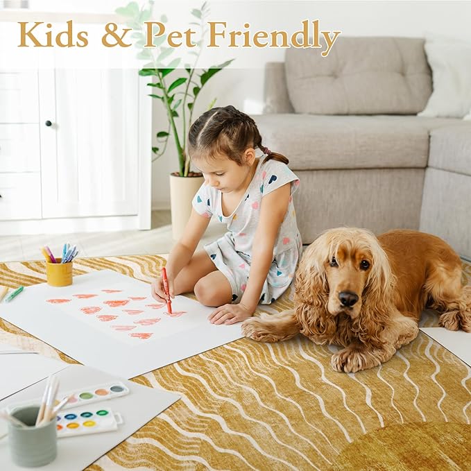 Boho Machine Washable Rug 6x9, Sun Print Soft 6x9 Nursery Rug for Bedroom, Ultra-Thin Non Slip Kids Large Carpet for Living Room Classroom Playroom Office(6'x9',Gold/Multi)