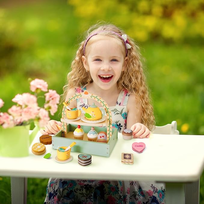 Wooden Tea Party Set for Little Girls,Kids Tea Set with Cookies & Cake Stand, Play Kitchen Accessories Wooden Pretend Play Food Toys for Girl Boy Birthday Gift