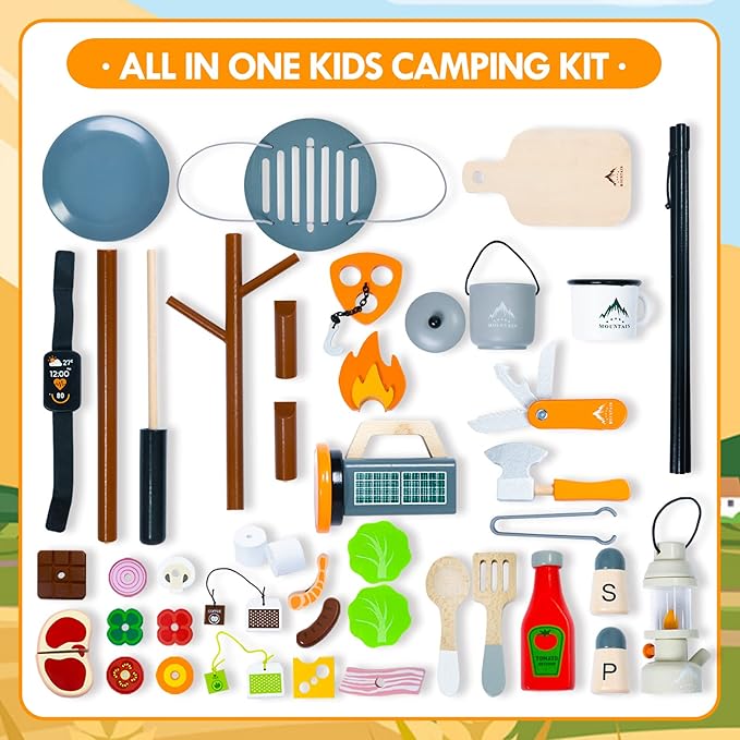 UMU Kids Camping Toys Set, Pretend Play with Campfire, Wooden Camping Playset Cutting Food for Play Kitchen Camping Gear for Kitchen Indoor Outdoor Camping Toys for Kids Toddlers Boys Age 3 4 5 6 7 8+