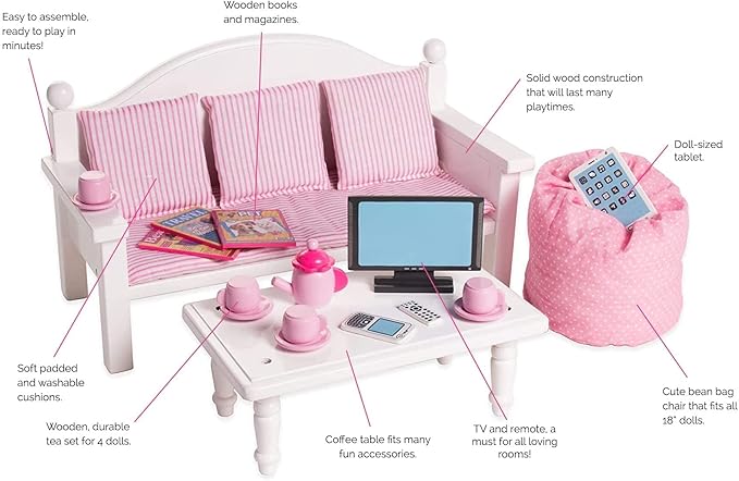 Playtime by Eimmie 18 Inch Doll Furniture Couch & Coffee Table Set – White, Wooden Playset with Living Room Accessories, Fits American, Generation, My Life & Similar 14”-18” Dolls