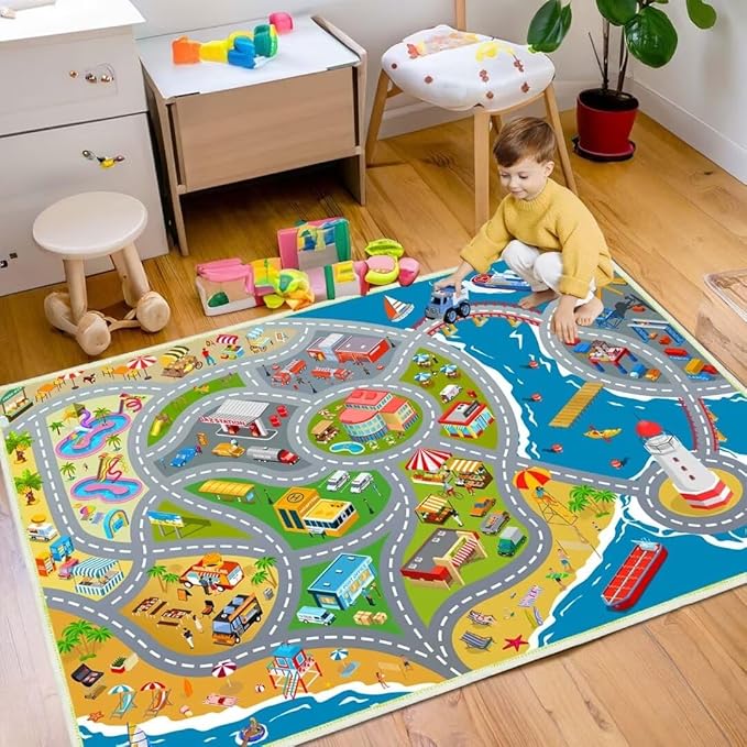 Kids car Rug playmat with Non-Slip Backing for Boys and Girls playroom, Parent-Child Interactive Play Carpet