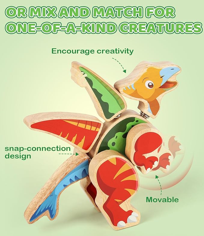 Dinosaur Wooden Toys,Snap on Dino Together Building Blocks,Take Apart Playset, STEM Montessori Educational Fine Motor Skill Learning Birthday Gift for 3 4 5 6+ Years Old Boy Girl Kids