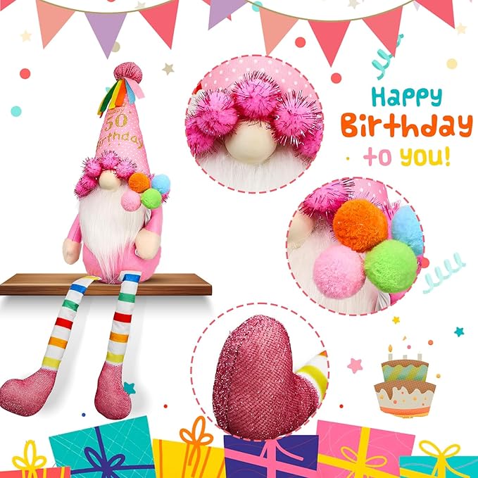 Funny 50Th Birthday Gifts for Women, Her, Mom, Girls, Women Friendship, Sister, Wife, Mother, Grandma, Coworker, Boss - Pink Happy Birthday Plush Gnomes Couple Doll Decorations for Party, Tabl Decor