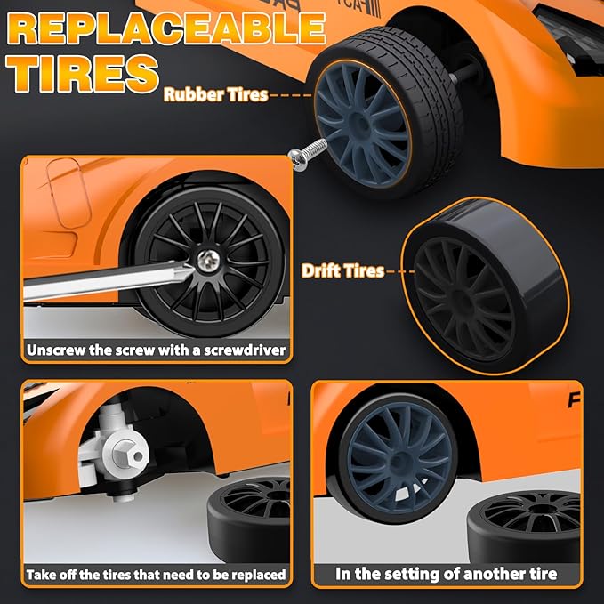 Remote Control Car, Drift RC Car 1/24 2.4GHz 4WD High Speed RC Vehicle Cars Toys with LED Light and Drift Tires USB Charging for Boys and Girls Teens and Adults (Orange)