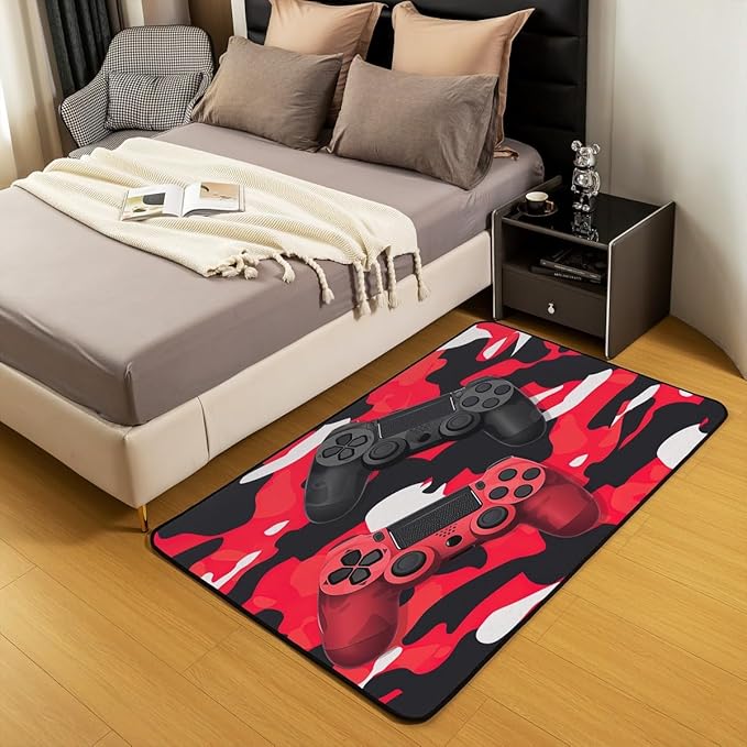 Games Rug Gamepad Area Rug 3x5 for Boys, Kids Video Games Carpet for Bedside, Modern Gamer Console Action Buttons Carpet for Playroom, Fashion Teens Red Black Camouflage Washable Accent Rug