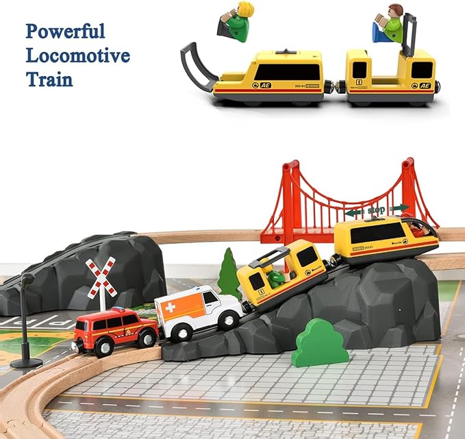 Giant bean 72PCS Fire Station Wooden Train Track Electric Train Set, Gift Packed Toy Railway Kits for Kids, Toddler Boys and Girls 3,4,5 Years Old and Up, Christmas Birthday Gift Toy for Kids