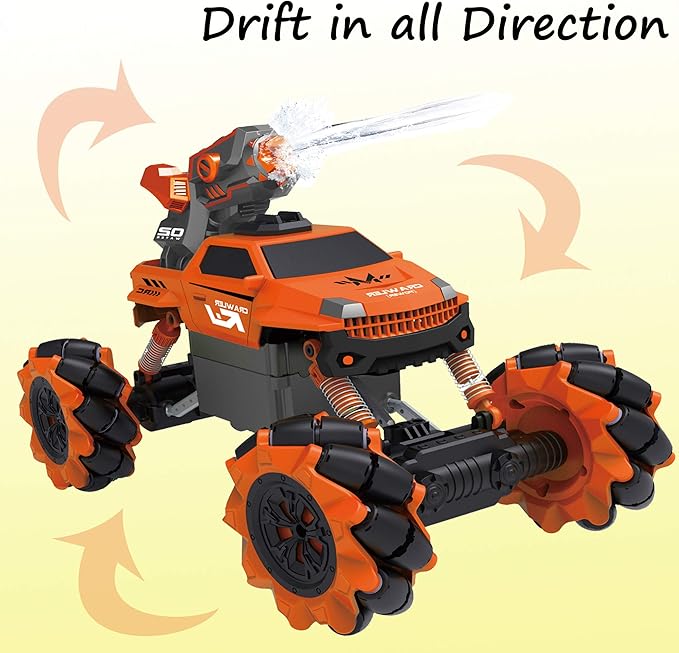 Vaiyer RC Rechargeable, Remote Control Stunt Car for Kids w/ 2-in-1 Interchangeable Toy Bubble Blaster and Water Gun Tops, Rock Crawler Off Road Vehicle w/ 360 Degree Movement (Orange)