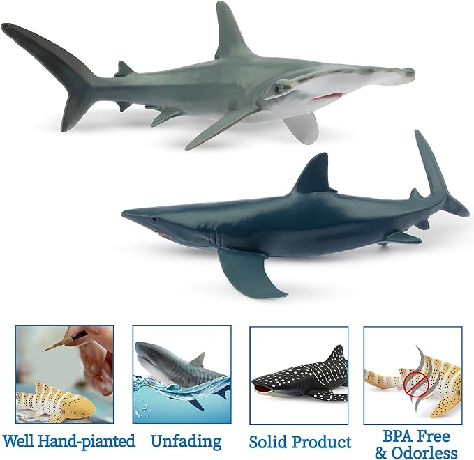 Toymany 6PC Realistic Shark Figurines Set - 5-6" Ocean Animals Bath Toys, Cake Toppers, Gifts for Kids & Toddlers