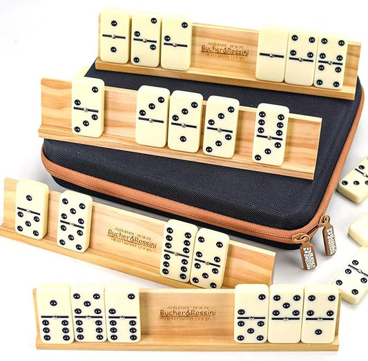 Dominos Set Adults with 4 Domino Racks Double Six Dominoes set in Portable Case Double 6 Domino's Game Set with 4 Wooden Domino Holders in EVA Hard Case Sturdy and easy to carry Ideal Gift Present