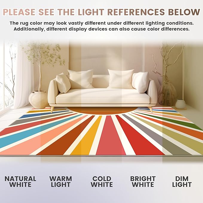 Washable 3x5 Sun Area Rug for Living Room, Rainbow Sun Modern Boho Large Area Rugs, Ultra Thin Low Pile Lightweight Soft Indoor Floor Carpet with Non-Slip Backing for Bedroom Kids Nursery Play Room