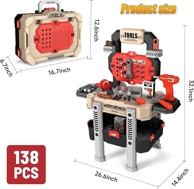 Kids Tool Bench with 138 Realistic Tools, Electric Drill, Stickers - Pretend Play Learning Gift for Boys & Girls Age 3-5