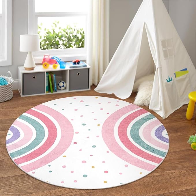 STARUIA Pink Round Rug for Girls, 5 Ft Rainbow Kids Rug for Nursery, Colorful Washable Rug for Bedroom, Non-Slip Circle Time Rugs Soft Polka Carpet for Kids Room Princess Castle