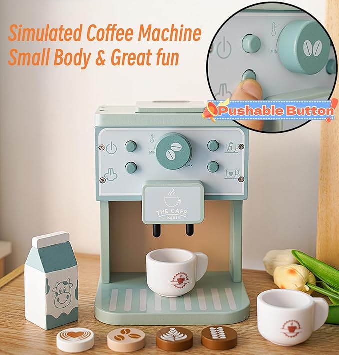 Wooden Coffee Maker Toys Play Set for Kids, Coffee Machine Toy, Montessori Pretend Play Food Kitchen Accessories for Toddler Girls and Boys (Coffee Maker)