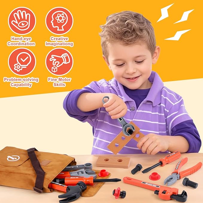 MAGIC4U 26PCS Toddler Tool Set with Tool Bag, Pretend Play Construction Kits for Kids Age 3-6 Years Old