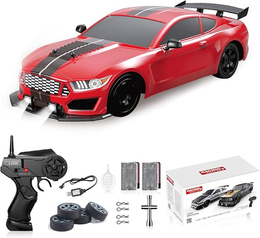 Remote Control Car RC Drift Car 1:16 Scale 4WD 18KM/H High Speed Model Vehicle 2.4GHz with LED Lights Spray Rubber Tire Racing Sport Toy for Adults Boys Girls Kids Gift 2Pcs Rechargeable Batteries