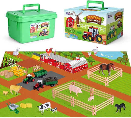 Farm Toy Set and Kids Activity Play Mat with Tractors, Animals, and Large Playmat Farm, Interactive Early Learning Toys for Toddler Boys and Girls - Great Gift for Birthday and Christmas