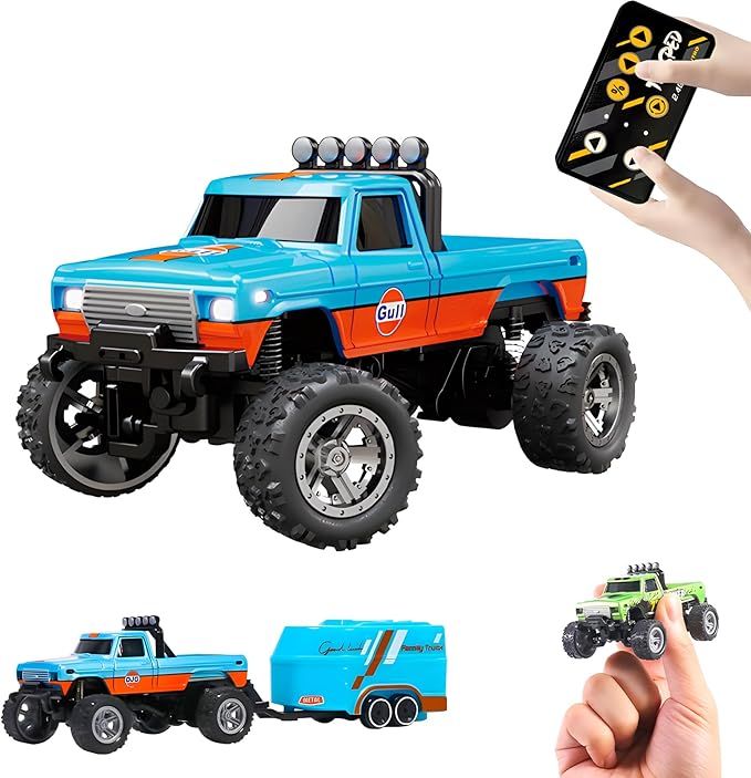 Mini Monster Truck, 1:64 Scale Remote Control Car with Lights, 2.4GHz Off-Road RC Truck, USB Rechargeable RC Car with Adjustable Speed for Kids Indoor & Outdoor Racing (Orange Blue)