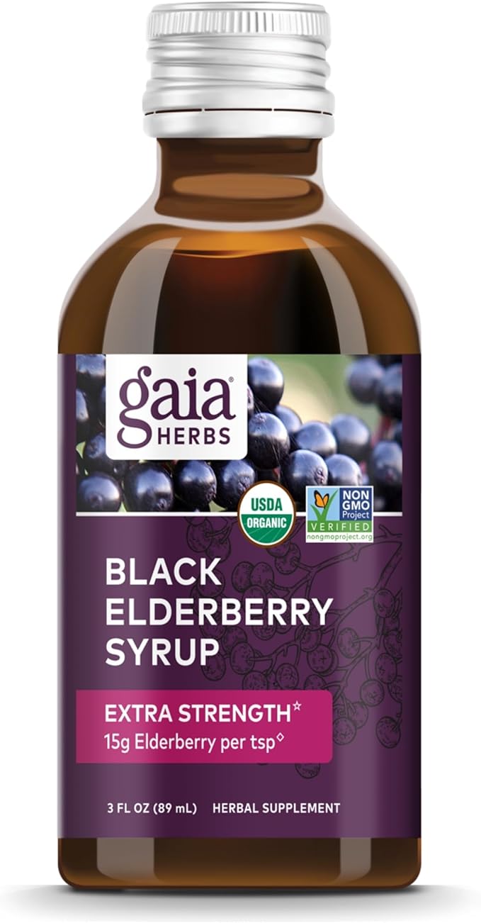 Gaia Herbs Black Elderberry(Sambucus Nigra) Syrup Extra Strength-Immune Support Supplement-Made with Organic Black Elderberries for Immune System-USDA Certified Organic Formula-3 Fl Oz(18-Day Supply)