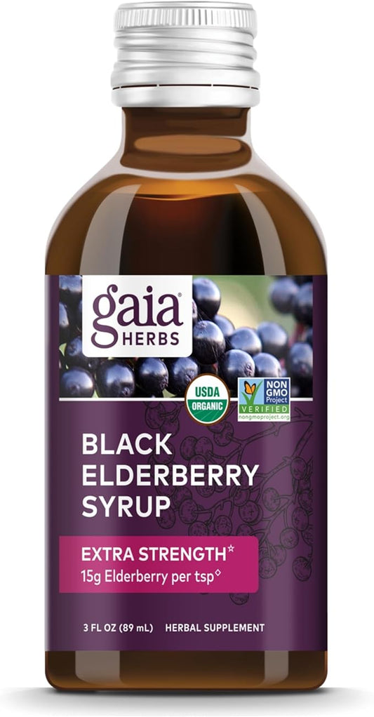 Gaia Herbs Black Elderberry(Sambucus Nigra) Syrup Extra Strength-Immune Support Supplement-Made with Organic Black Elderberries for Immune System-USDA Certified Organic Formula-3 Fl Oz(18-Day Supply)