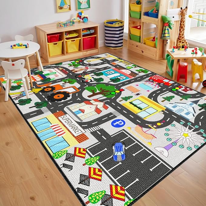 Kids Carpet for Bedroom - Car Rug 5x7 Feet, Kid Educational Traffic Carpet Town City Road Map Carpet, Kids Rug for Playroom Bedroom Boys, Car Mats for Playroom Classroom