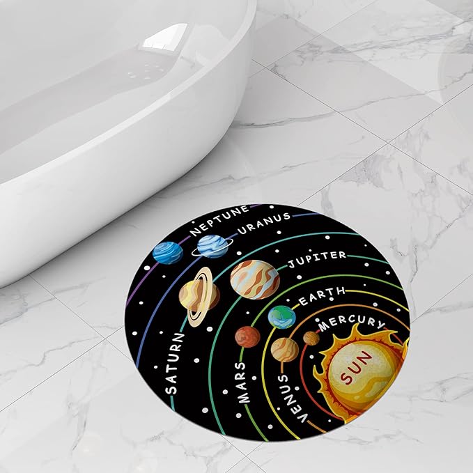 Cinbloo Space Rug for Kids Room Galaxy Solar System Area Round Mat for Boys Bedroom Educational Learning Planet Black Nursery Playroom Classroom Soft Floor Carpet (Black, 36"x36")