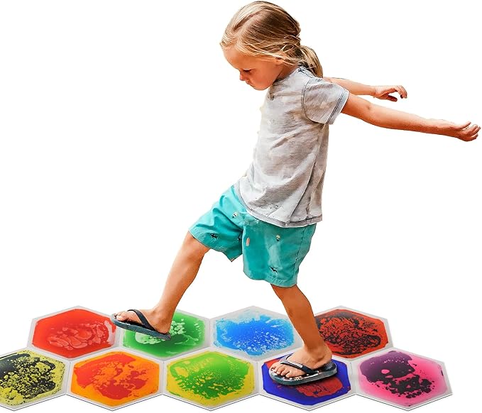 Art3d 9-Tile Hexagon Sensory Floor Tiles for Kids, Toddlers and Children, Colorful Liquid Sensory Activity Mat for Active Play and Decorative